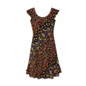 Vintage Talbots 100% Silk Floral Flutter Sleeve Dress Black 90s Size 6